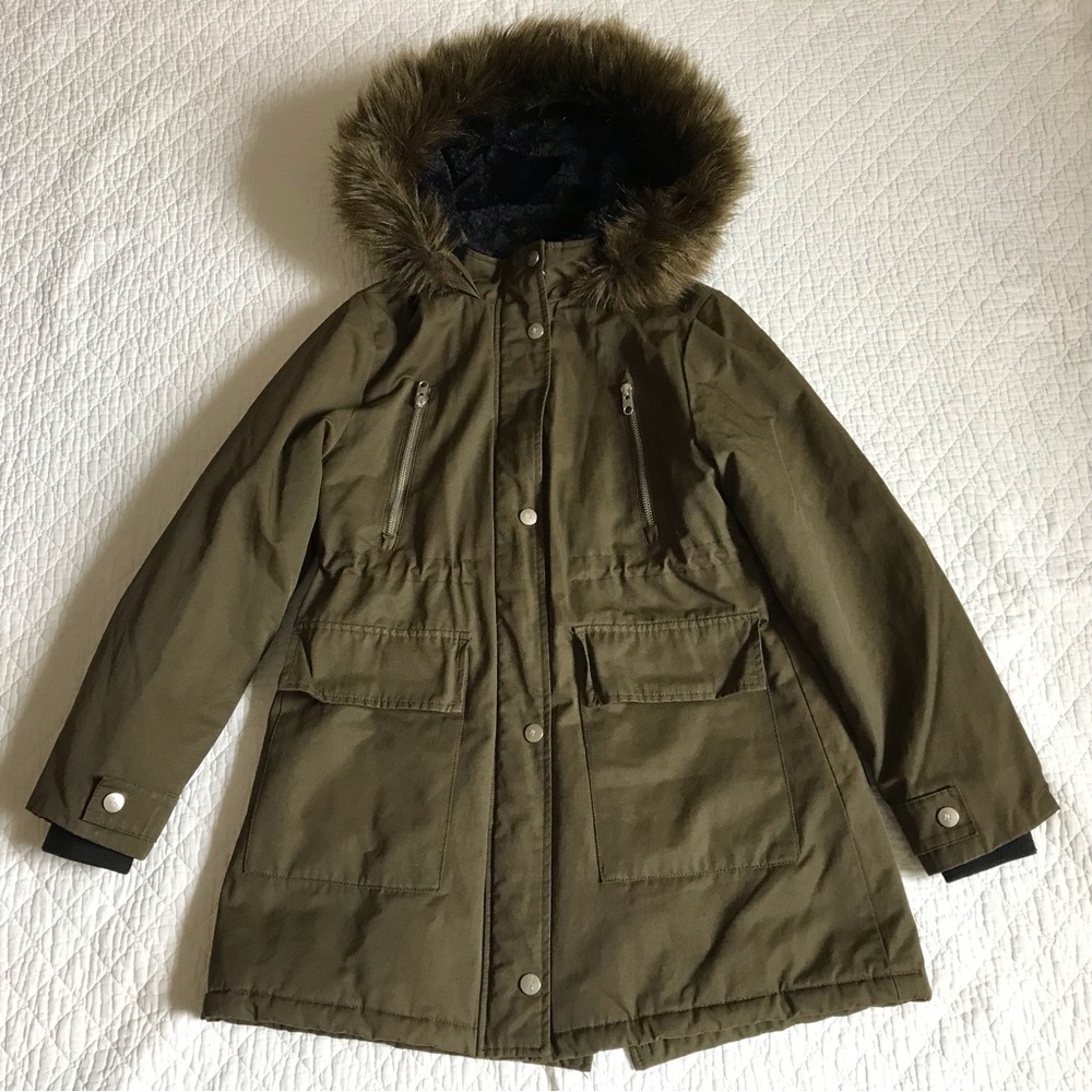 Zara Olive Green Utility Jacket with Faux Fur Hood